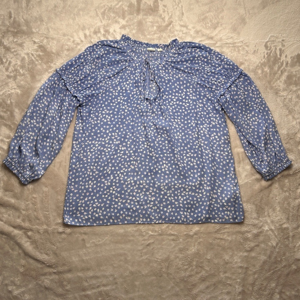 Gap Womens M Blue Floral 3/4 Sleeve Zen Shirred Tie Neck Blouse Boho Hippie